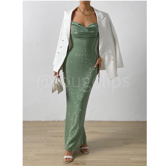 Glitter Lurex Mint Green Cowl Neck Backless Tie Straps Maxi Long Dress - Picture 6 of 14